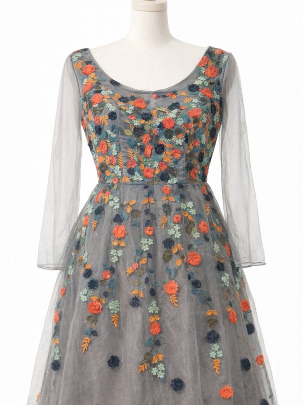 Cbazaar Gray Sheer Floral Embroidered Long Sleeve Midi Dress 4/6